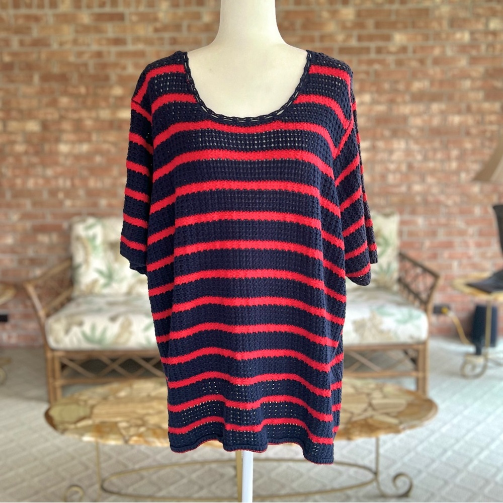 D&Co Blue Res Striped Knit Half Sleeve Cotton Sweater 3X Nautical Preppy